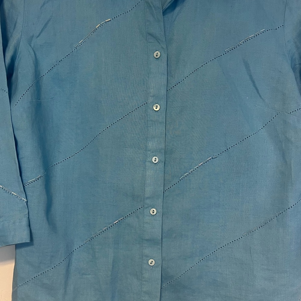 Anne Carson 100% Linen Aqua Blue Button Down 3/4 Sleeve Embellished size M - Picture 8 of 13
